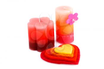 Colorful hearts and candles isolated on white background.