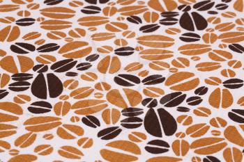 Tablecloth with coffee pattern  closeup picture.