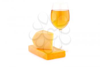 Two pieces of cheese and glass of wine isolated on white background.