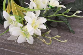 White artificial flowers on wooden background, closeup picture.