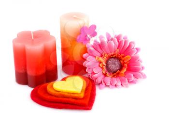 Colorful hearts, daisy flower and candles isolated on white background.