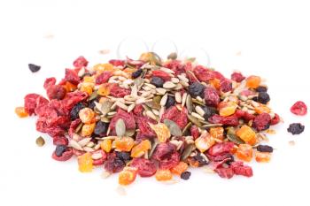 Dried fruits, berries and seeds isolated on white background.