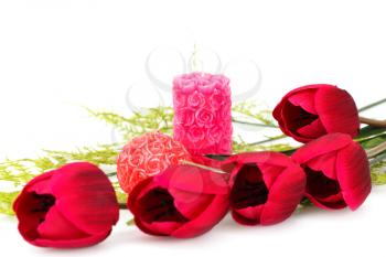 Candles and tulips isolated on white background.