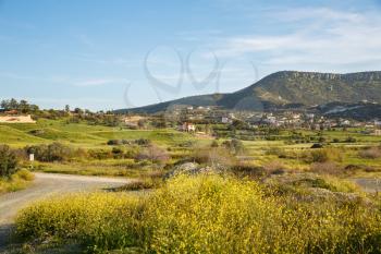 Cyprus landscape with mountains and village.