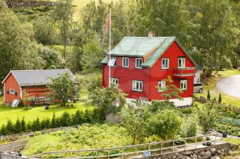 Traditional wooden houses in Norwegian village.