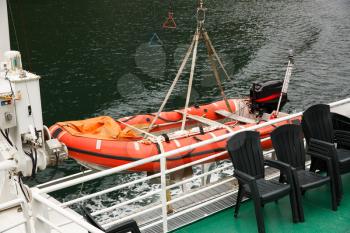 Rubber dinghy with powerful outboard engine on the ship.