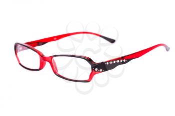 Eyeglasses with red frame isolated on white background.
