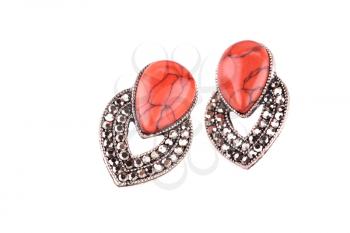 Stylish earrings with stones isolated on white background.