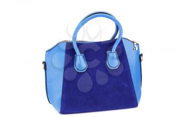 Blue leather handbag  isolated on white background.