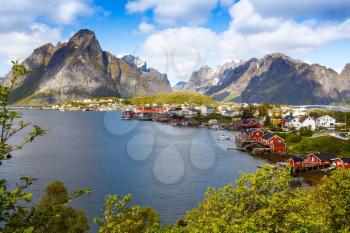 Top view of the fishing village Reine with typical rorbu houses in Lofoten islands, Norway.