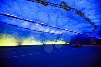 Laerdal tunnel with colorful lights in Norway, the longest road tunnel in the world.