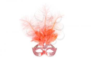 Carnival mask with pink feathers isolated on a white background.