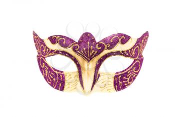 Carnival mask with purple and golden ornament isolated on a white background.