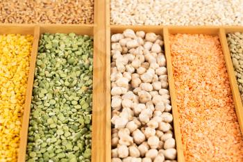 The collection of different groats, peas, wheat, lentils and chickpeas in the wooden box.