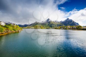 Landscape with mountains and fjord in Svolvaer, Norway.