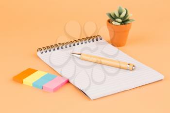 Notepad, pen, colorful paper stickers and plant in brown pot on yellow background.