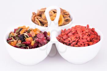 Dried fruits, berries and seeds in bowl closeup picture.
