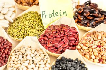 The collection of different beans in the bamboo bowls with the notice protein on paper.