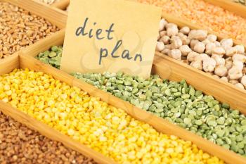 The collection of different groats, peas, wheat and lentils in the wooden box with notice diet plan.