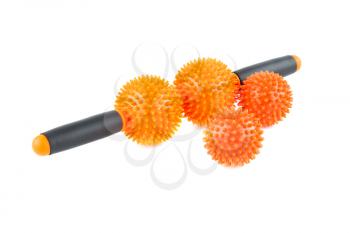 Orange plastic roller and round massagers isolated on white background,