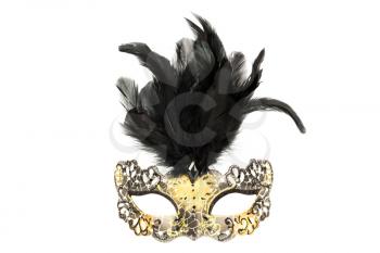 Carnival mask with black feathers isolated on a white background.