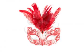 Carnival mask with red feathers isolated on a white background.