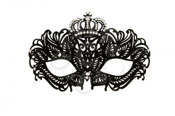 Black carnival mask with crown isolated on a white background.