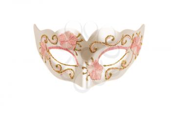 Carnival mask with pink and golden ornament isolated on a white background.