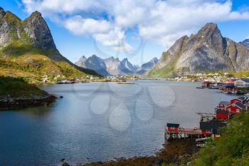 Top view of the fishing village Reine with typical rorbu houses in Lofoten islands, Norway.