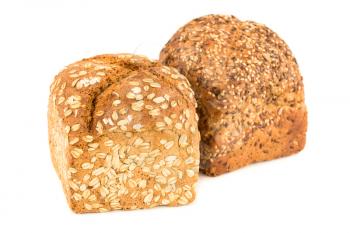 Wholegrain bread buns with seeds and oat isolated on white background.