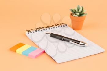 Notepad, pen, colorful paper stickers and plant in brown pot on yellow background.