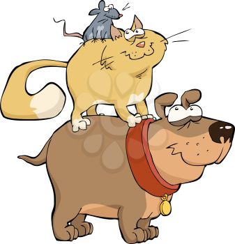 Royalty Free Clipart Image of a Dog Cat and Mouse