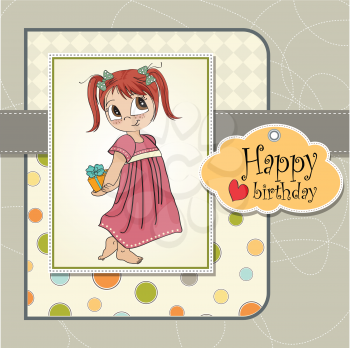 Royalty Free Clipart Image of a Little Girl Hiding a Birthday Present Behind Her Back on a Greeting