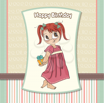 Royalty Free Clipart Image of a Little Girl Hiding a Present Behind Her Back on a Birthday Greeting