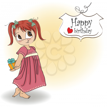 Royalty Free Clipart Image of a Little Girl With a Present on a Happy Birthday Greeting