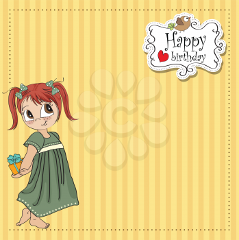 Royalty Free Clipart Image of a Birthday Greeting With a Little Girl Holding a Present