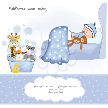 Royalty Free Clipart Image of a Baby Boy and a Basket of Animals