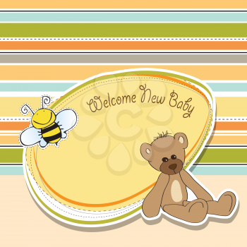 Royalty Free Clipart Image of a Baby Card With a Bear and a Bee