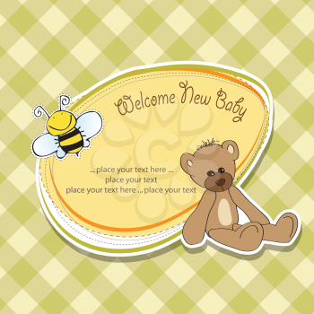 Royalty Free Clipart Image of a Baby Shower Card With a Bear and a Bee