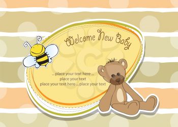 Royalty Free Clipart Image of a Baby Shower Card With a Bear and a Bee