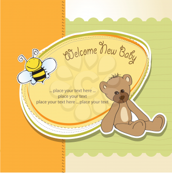 Royalty Free Clipart Image of a Baby Announcement Background With a Bear and a Bee