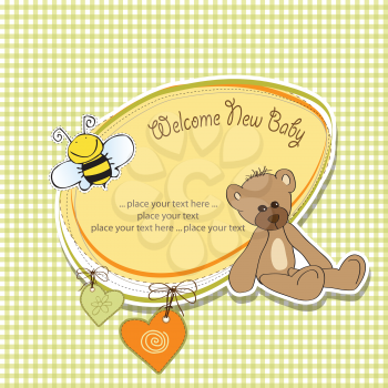 Royalty Free Clipart Image of a New Baby Card With a Bear and a Bee