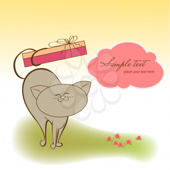 Royalty Free Clipart Image of a Cat With a Present