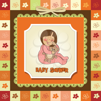 Royalty Free Clipart Image of a Baby Girl Holding a Teddy on a Shower Card