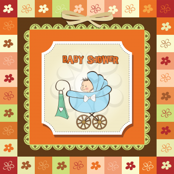 Royalty Free Clipart Image of a Baby Shower Invitation With a Buggy