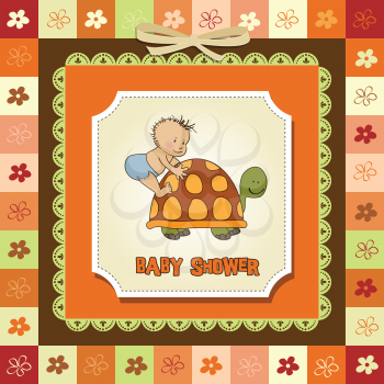 Royalty Free Clipart Image of a Baby Boy Climbing on a Turtle on a Baby Shower Invitation