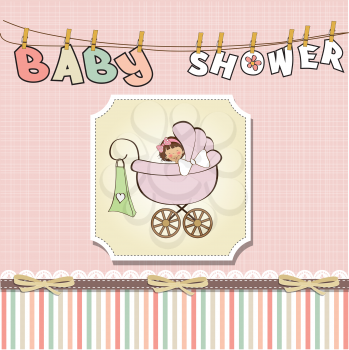 Royalty Free Clipart Image of a Baby Shower Card With a Buggy