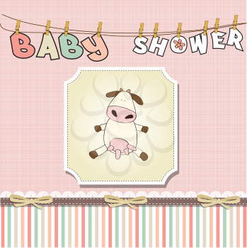 Royalty Free Clipart Image of a Pink Baby Shower Card With a Cow in the Centre