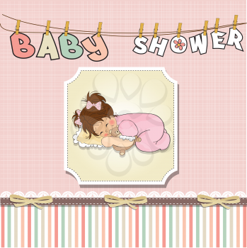 Royalty Free Clipart Image of a Baby Girl on a Baby Shower Card