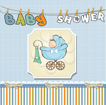 Royalty Free Clipart Image of a Baby Shower Card With a Pram in the Centre